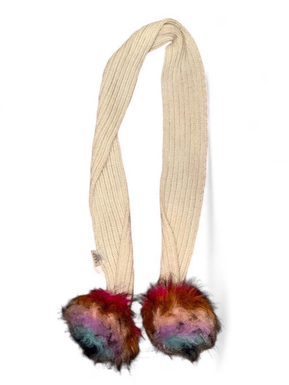 Cream Knit Y2K VintageScarf with Multicolor Faux Fur Pom-Poms
